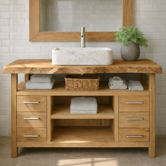 Solid Wood Bathroom Vanity with Six Drawers and Open Shelves – Freestanding Natural Wood Vanity Cabinet Kitchnce