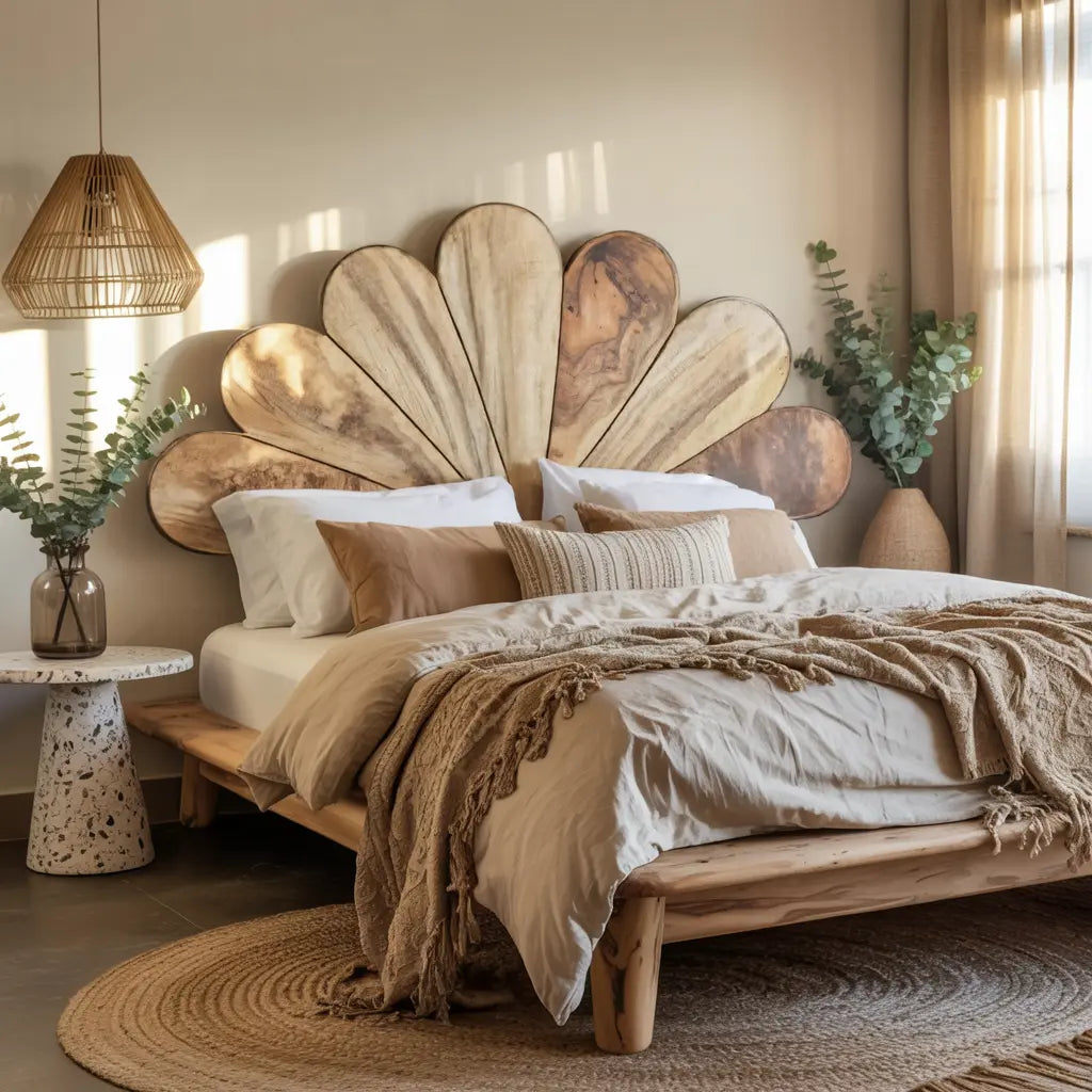 Boho Flower Petal Headboard Bed For Queen And King Bedroom Kitchnce