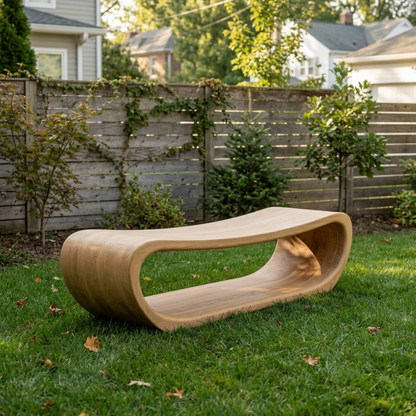 Solid Wood Outdoor Bench Curved Hollow Design with Sculptural Loop Base