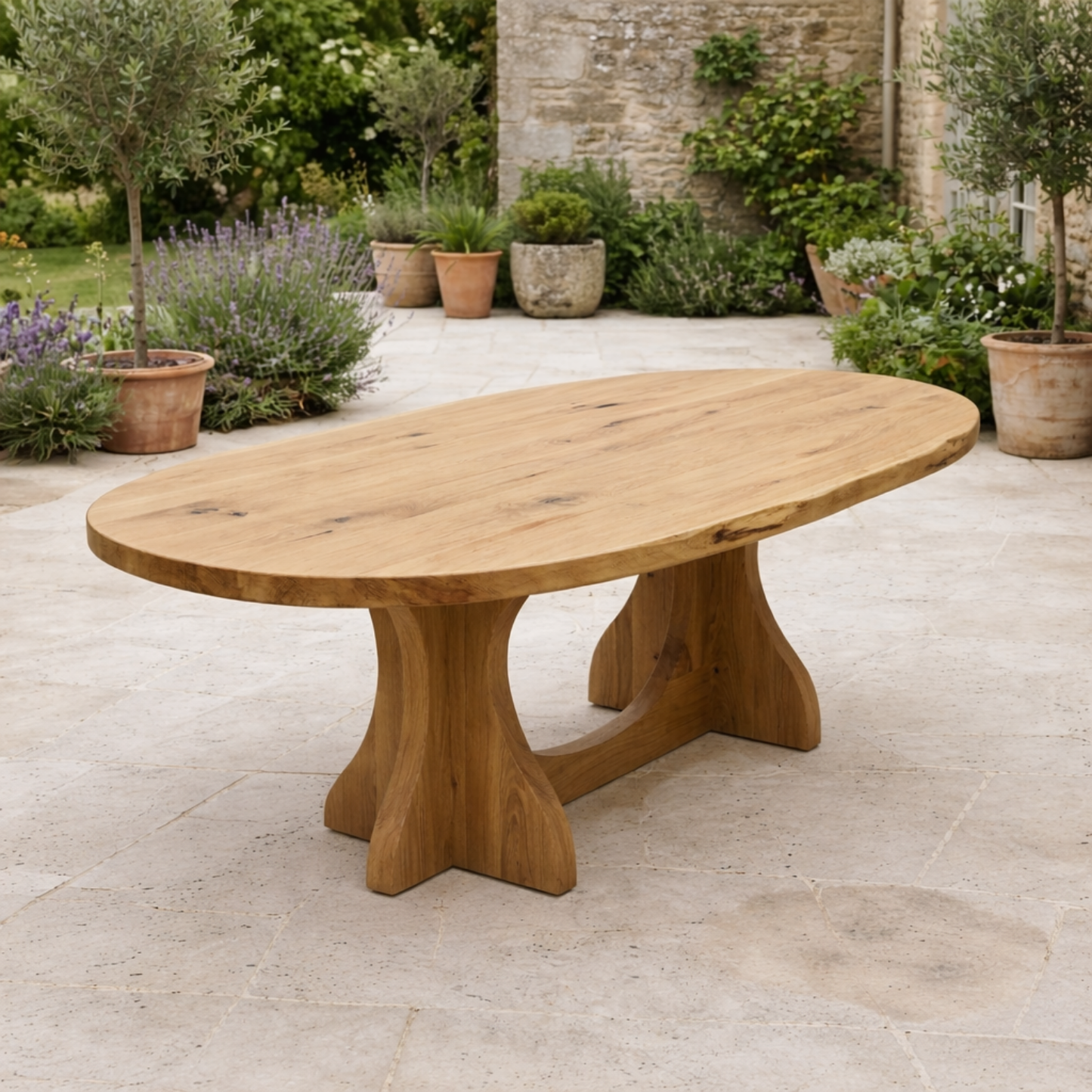 Oval Solid Wood Outdoor Dining Table with Curved Double Pedestal Base