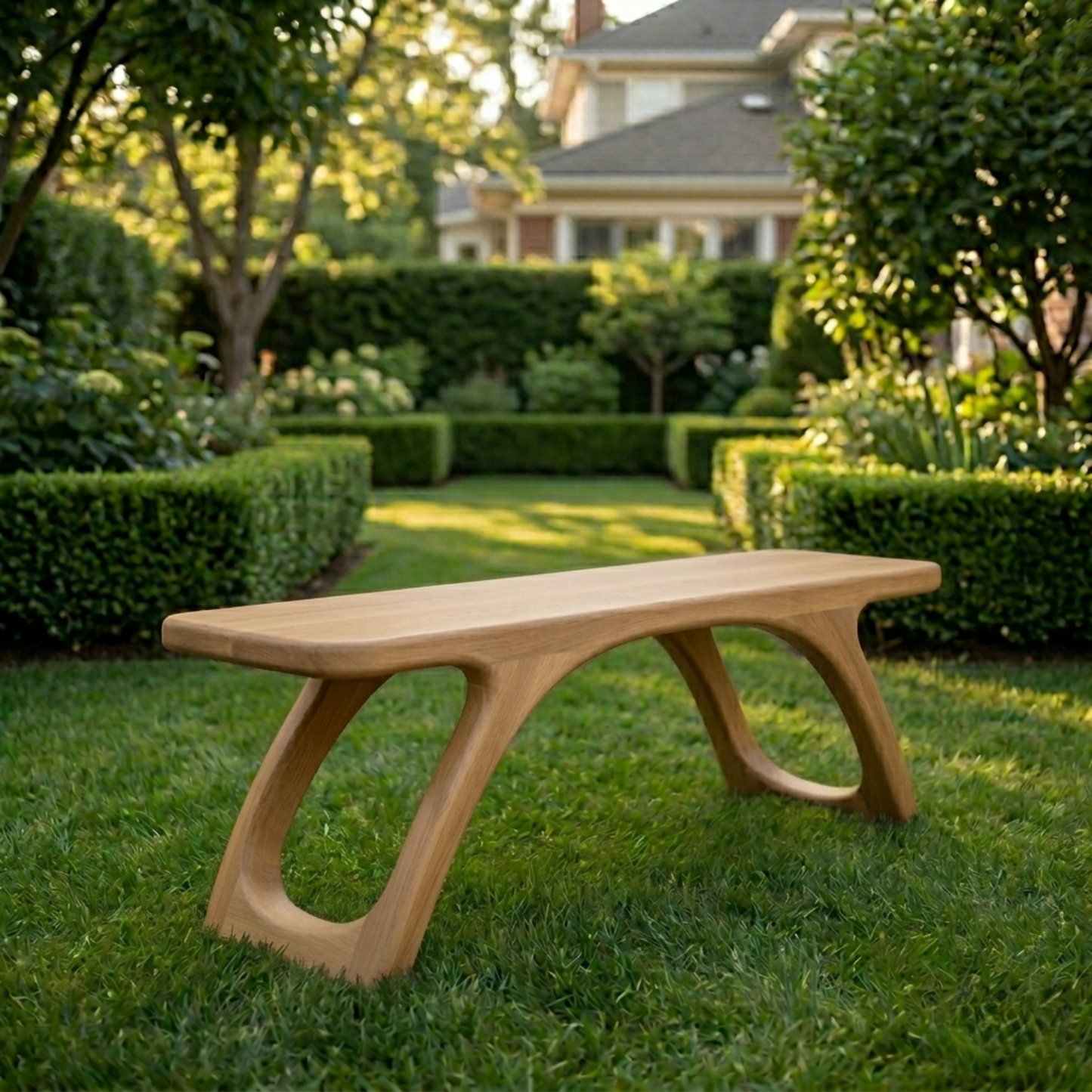 Solid Wood Outdoor Bench with Sculptural Cut-Out Legs and Organic Curved Frame