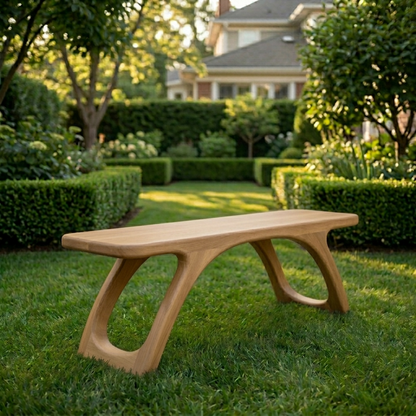 Solid Wood Outdoor Bench with Sculptural Cut-Out Legs and Organic Curved Frame