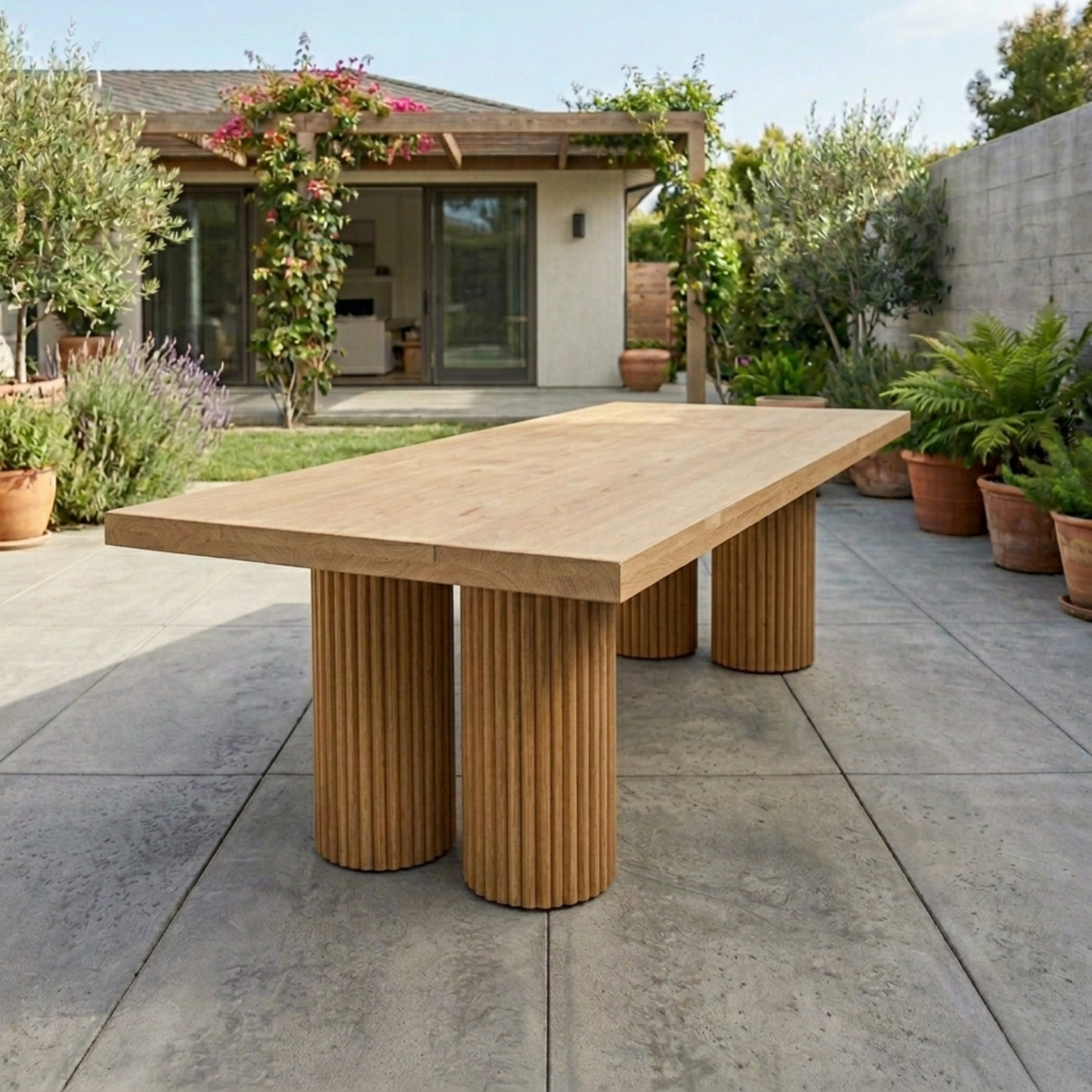 Rectangular Solid Wood Outdoor Dining Table with Double Fluted Pedestal Bases