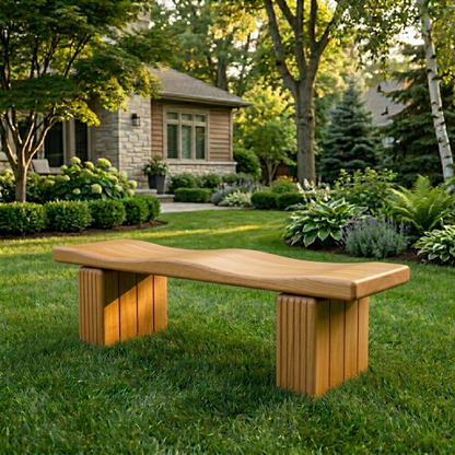 Solid Wood Outdoor Bench with Sculpted Wave Seat and Fluted Block Legs