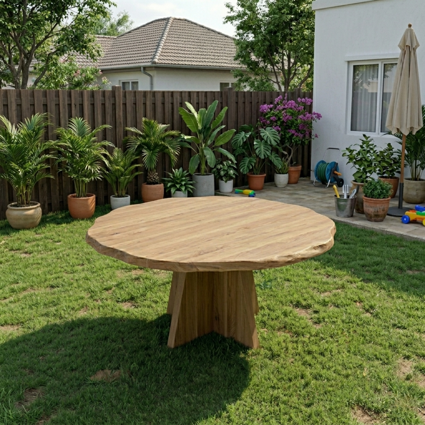 Round Live Edge Solid Wood Outdoor Dining Table with Sculptural Cross Pedestal Base
