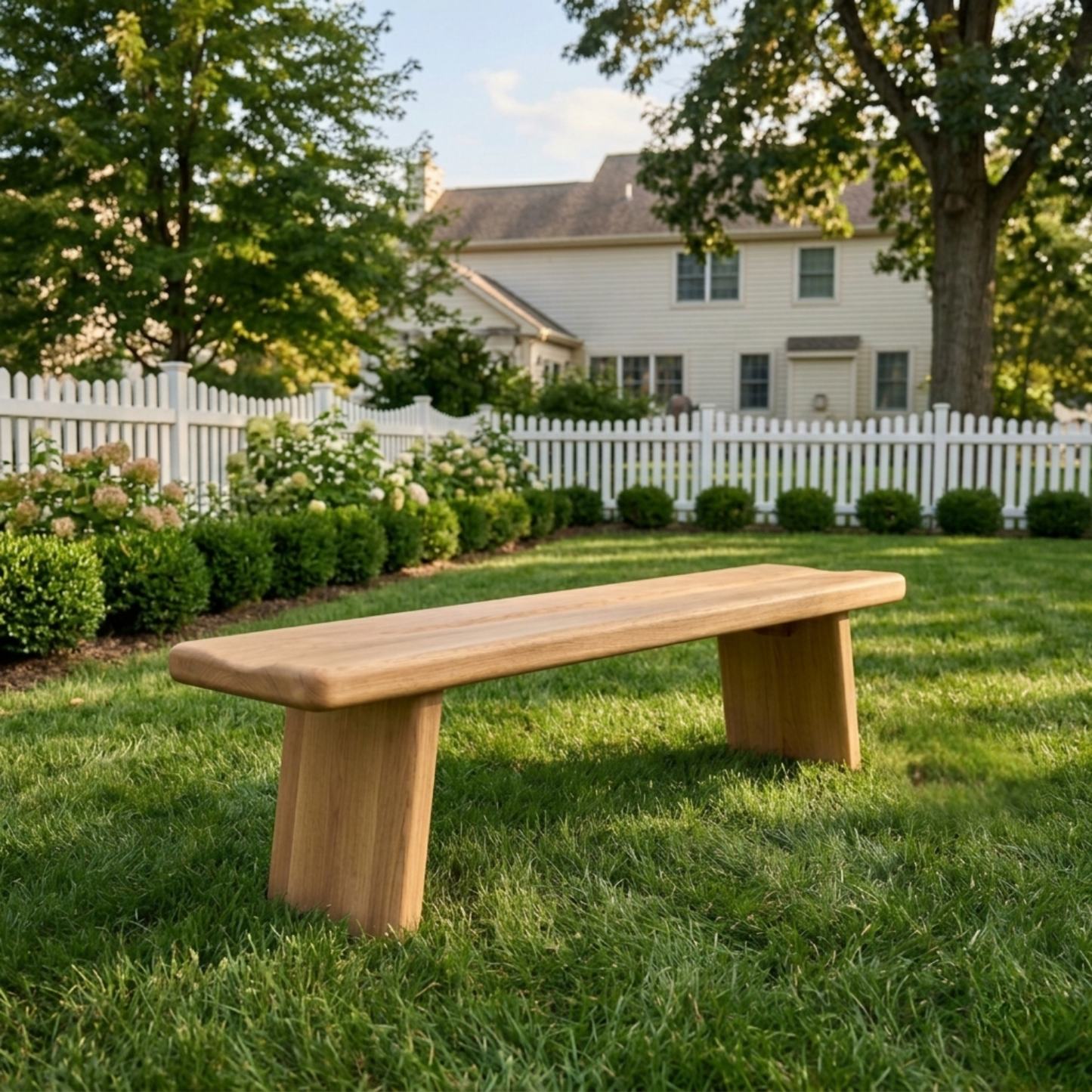 Solid Wood Outdoor Bench with Minimalist Slab Seat and Tapered Block Legs