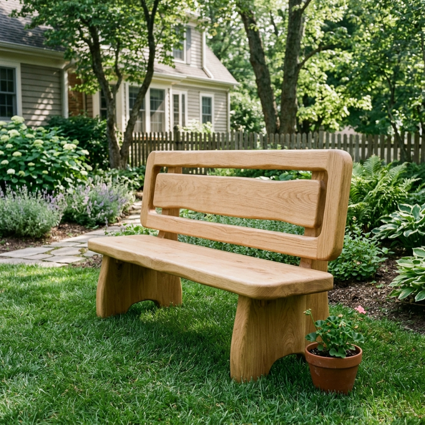 Solid Wood Outdoor Bench with Double Slat Back Modern Garden Patio Seating