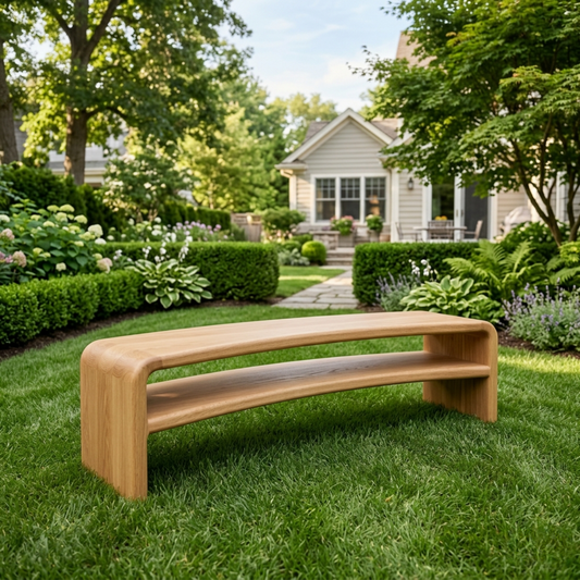 Solid Wood Outdoor Bench with Curved Waterfall Frame and Open Shelf Design