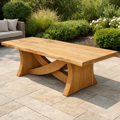 Solid Wood Outdoor Dining Table Rectangular Top with Sculptural Curved Cross Base