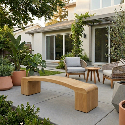 Solid Wood Outdoor Bench Curved Seat with Sculptural Block Legs Minimalist Design