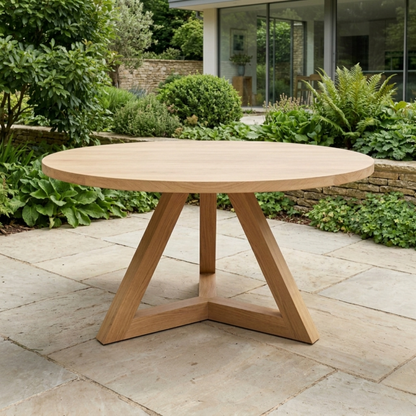 Round Solid Wood Outdoor Dining Table with Angular Cross Pedestal Base