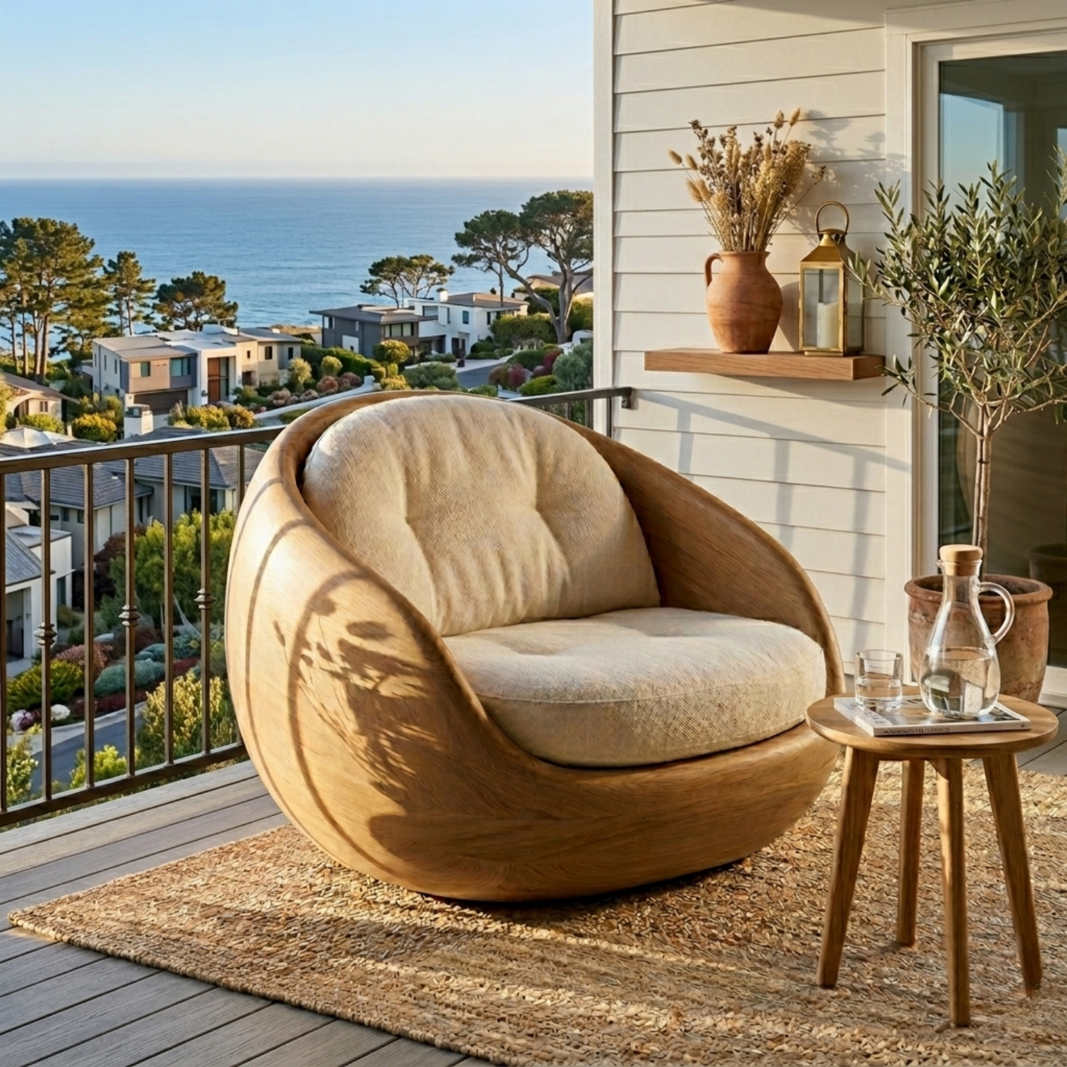 Handcrafted Solid Wood Lounge Chair – Sculptural Curved Barrel Accent Chair