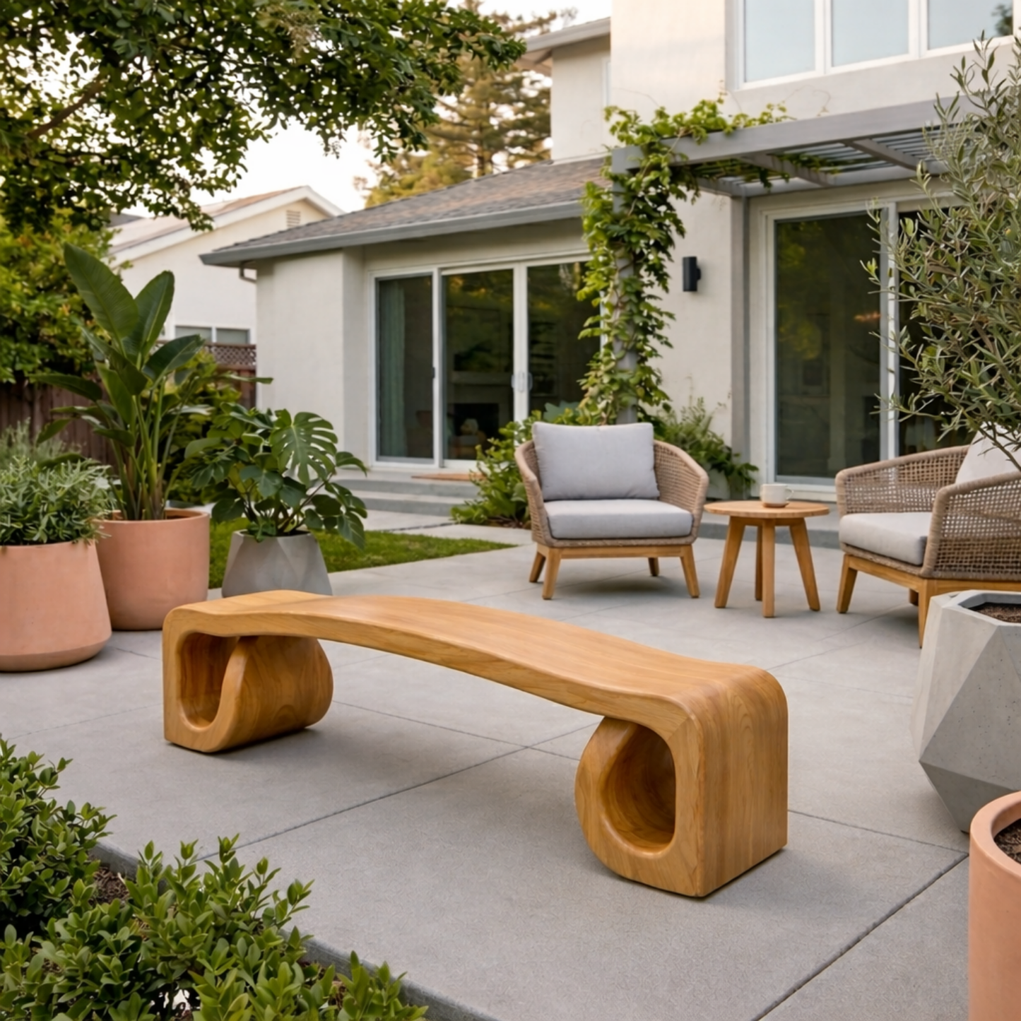 Solid Wood Outdoor Bench with Sculpted Wave Seat and Hollow Base Design