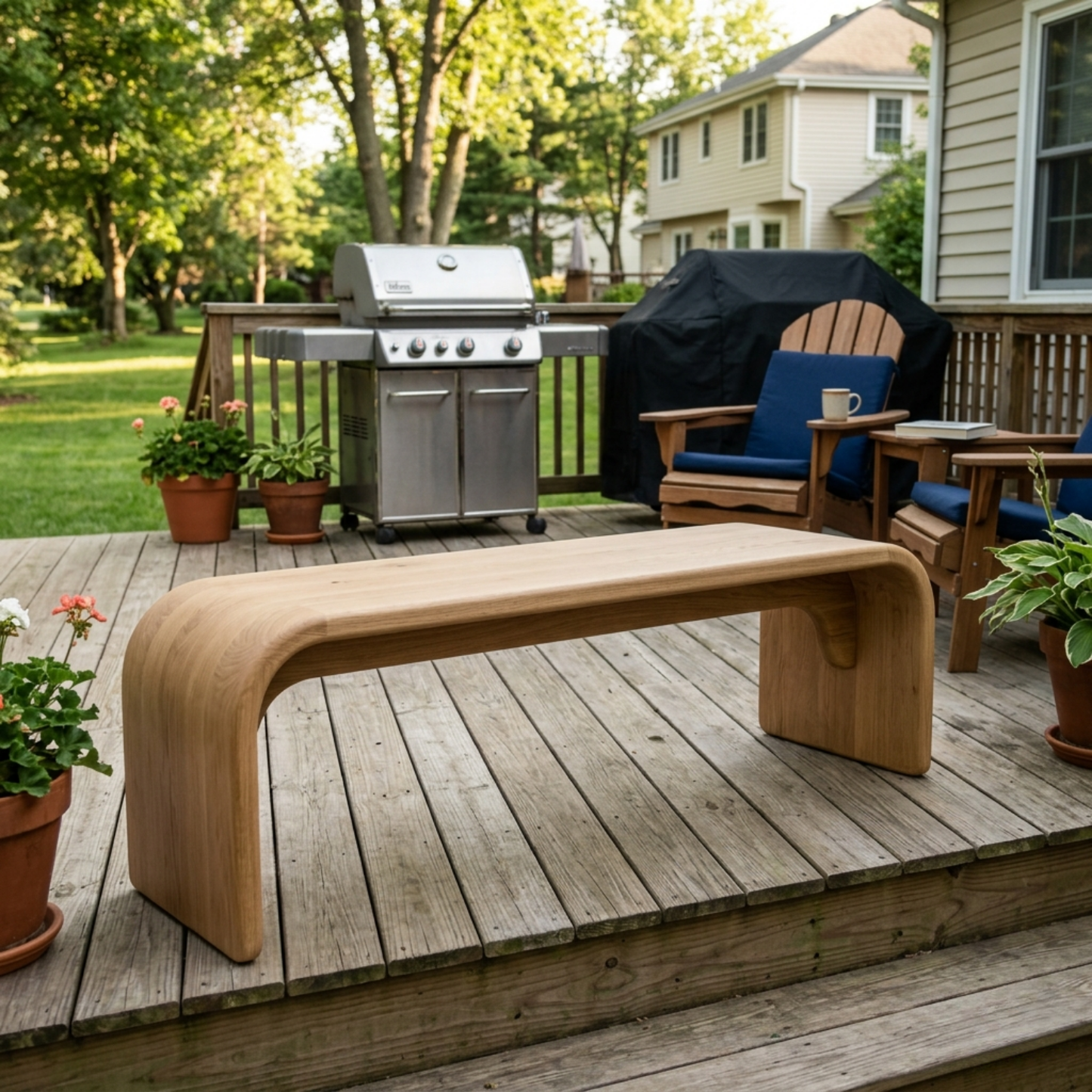 Solid Wood Outdoor Bench with Curved Waterfall Design and Minimalist Profile