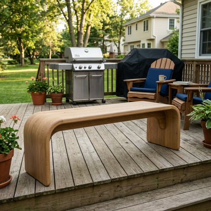 Solid Wood Outdoor Bench with Curved Waterfall Design and Minimalist Profile