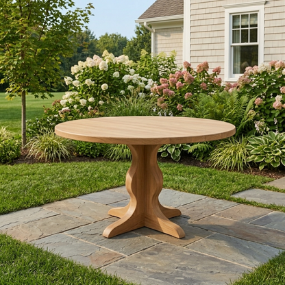 Round Solid Wood Outdoor Dining Table with Sculptural Pedestal Base