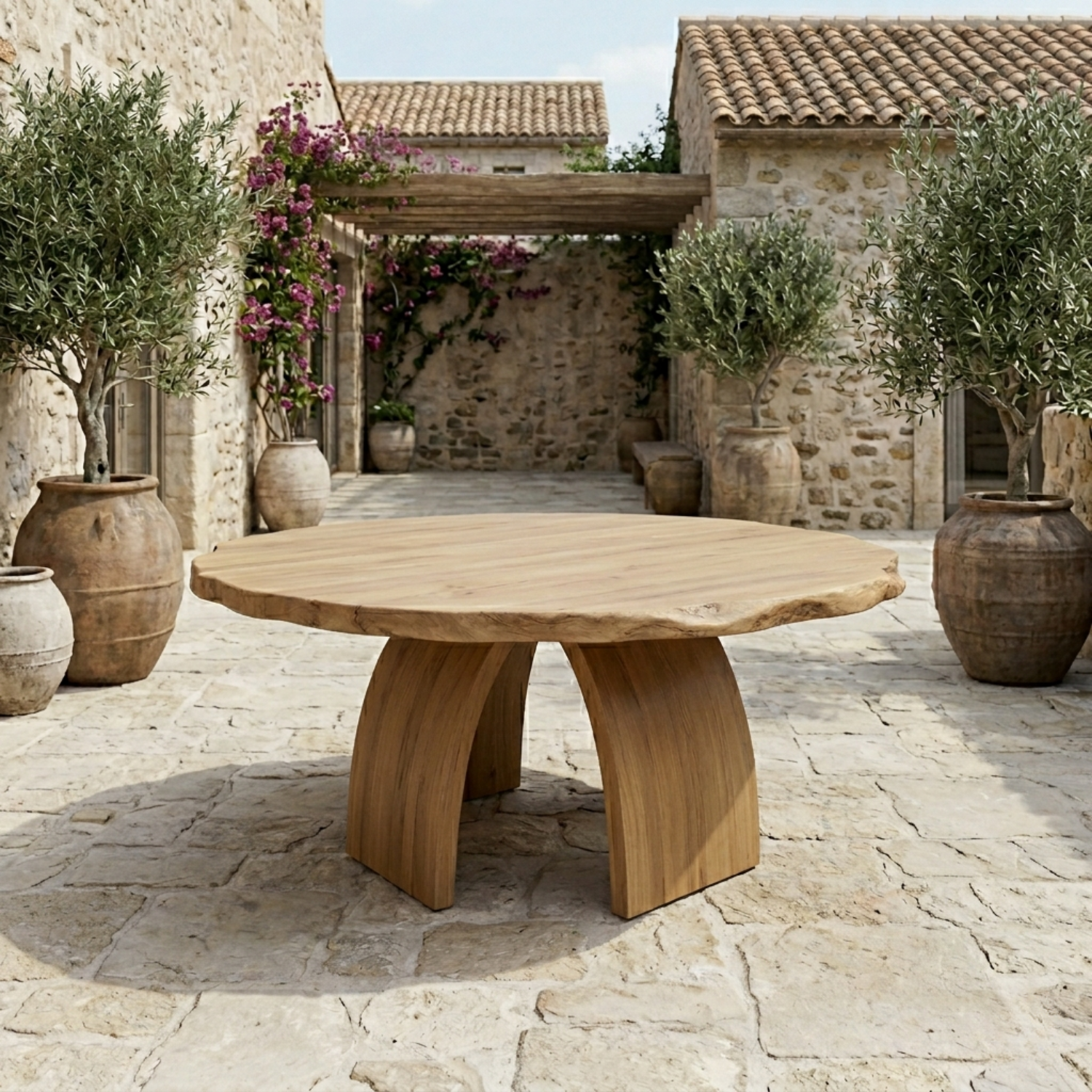 Round Live Edge Solid Wood Outdoor Dining Table with Curved Sculptural Pedestal Base