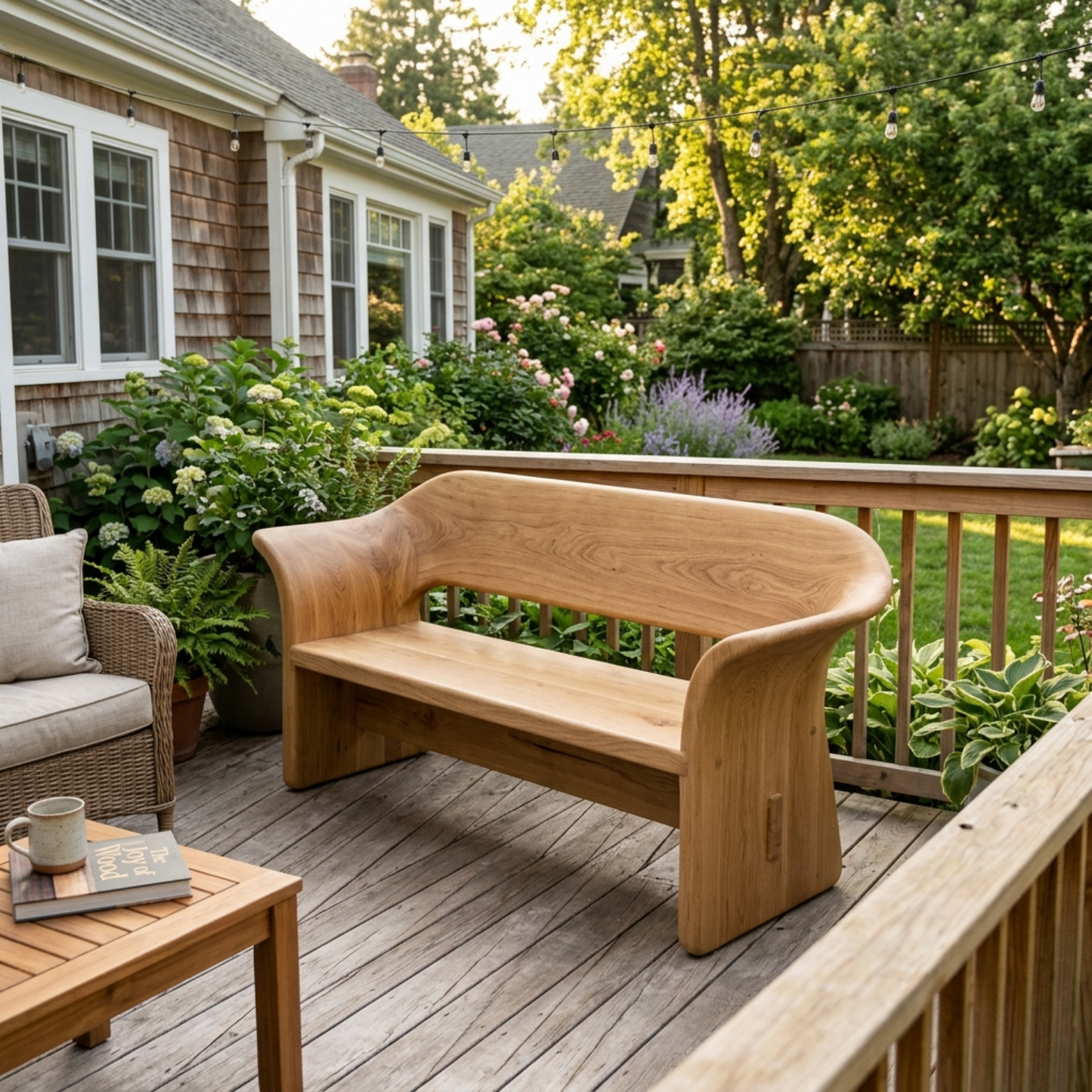 Solid Wood Outdoor Bench with Curved Wraparound Backrest Patio Garden Seating