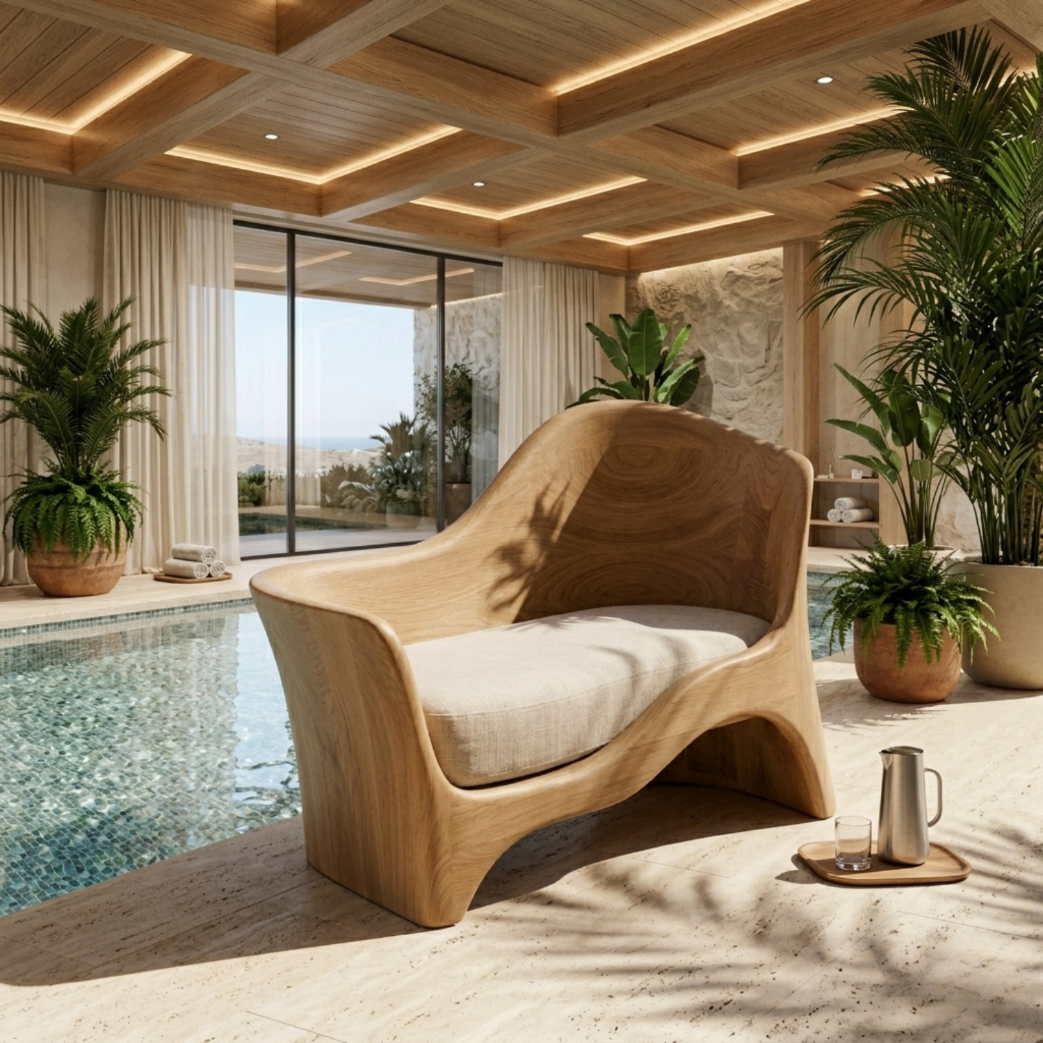 Handcrafted Solid Wood Lounge Chair Sculpted Armrest Low Seat Organic Modern Design