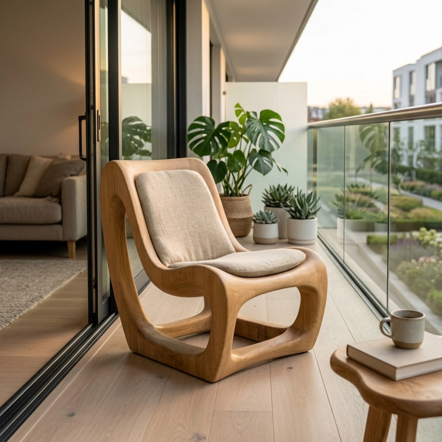 Handcrafted Solid Wood Lounge Chair – Sculptural Curved Base Accent Chair