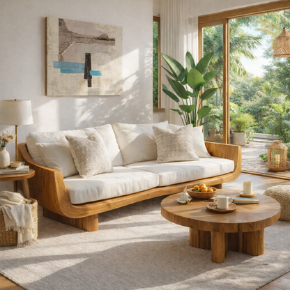 Solid Wood Curved Arm Sofa Organic Modern Style