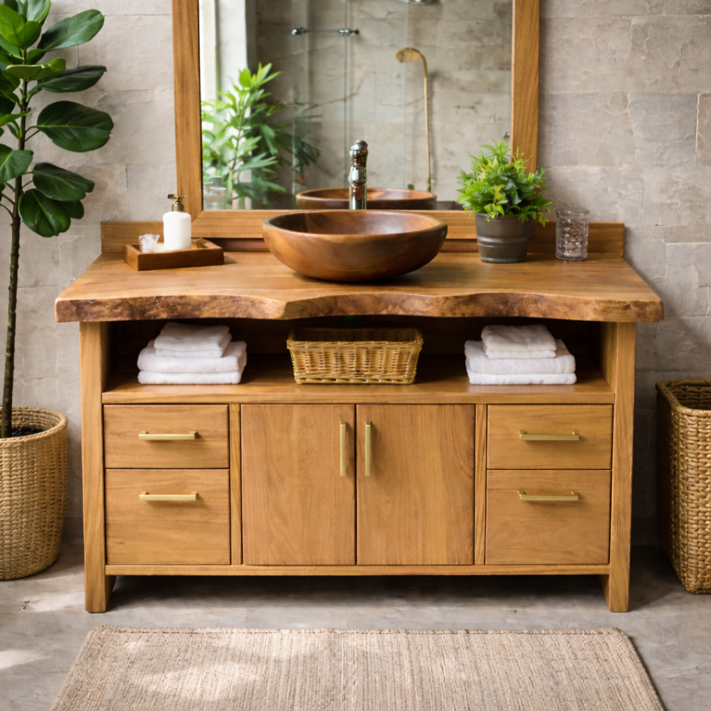 Live Edge Solid Wood Bathroom Vanity with Four Drawers, Double Cabinet Doors and Open Shelf Kitchnce