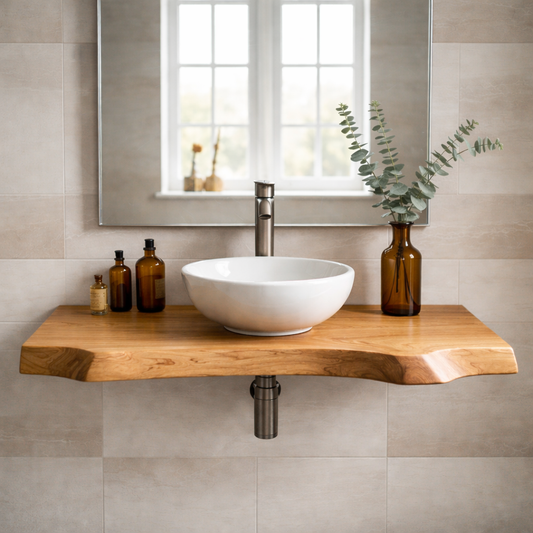 Floating Live Edge Solid Wood Bathroom Vanity – Wall Mounted Natural Wood Slab Vanity Kitchnce
