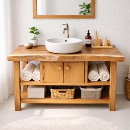 Live Edge Solid Wood Bathroom Vanity with Open Shelves and Storage Cabinet – Rustic Modern Bathroom Vanity Kitchnce