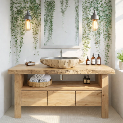 Live Edge Solid Wood Bathroom Vanity with Drawers and Open Shelf – Rustic Natural Wood Bathroom Vanity Kitchnce