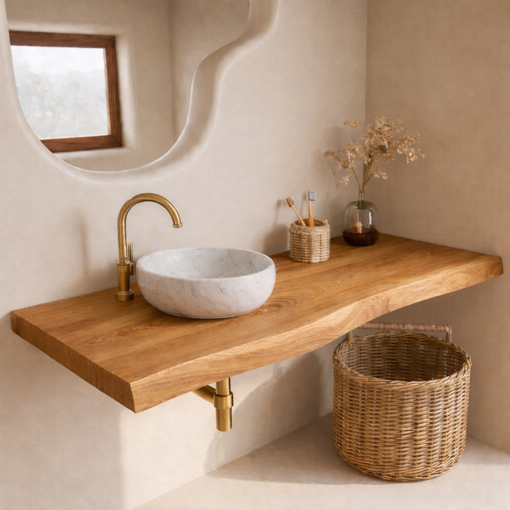 Floating Live Edge Solid Wood Bathroom Vanity Top – Rustic Wall Mounted Wood Countertop Shelf Kitchnce