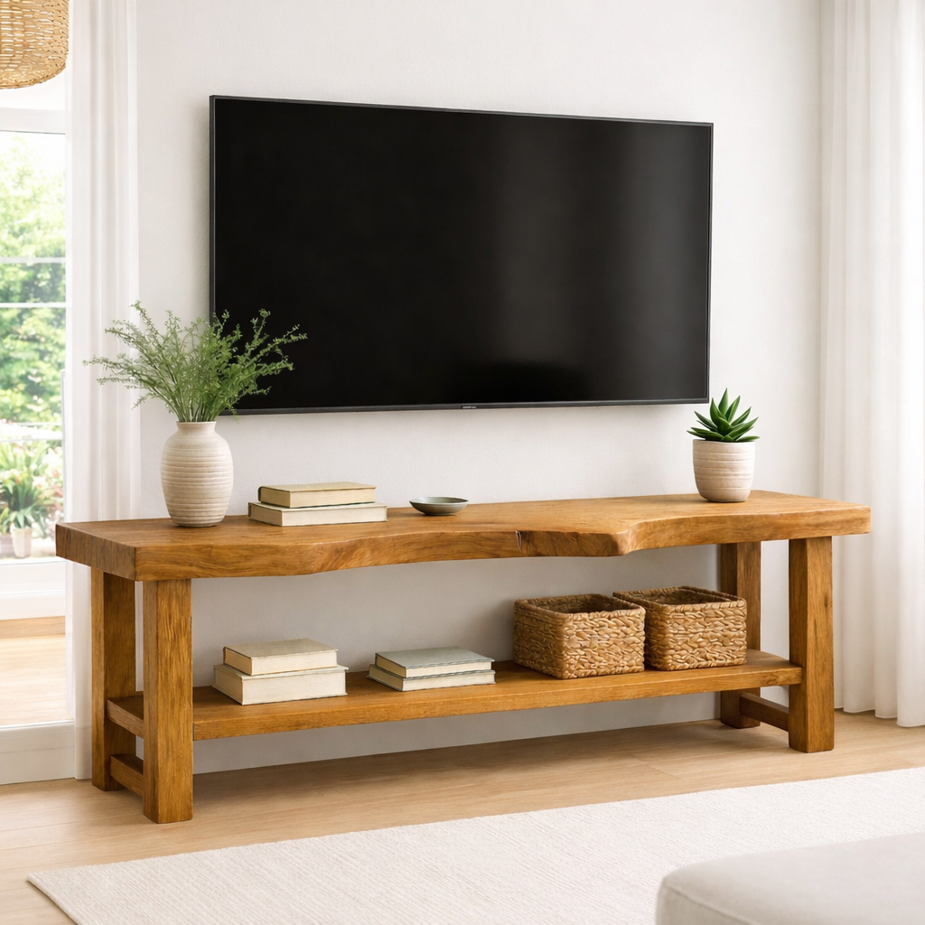 Live Edge Solid Wood TV Stand with Shelf – Rustic Walnut Media Console Table Kitchnce