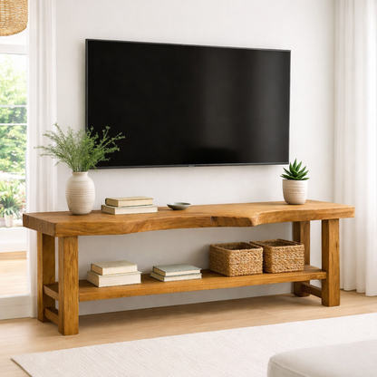 Live Edge Solid Wood TV Stand with Shelf – Rustic Walnut Media Console Table Kitchnce