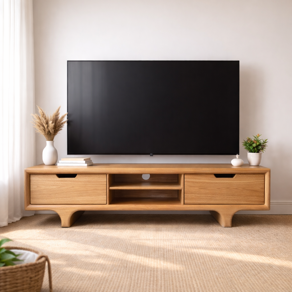 Mid Century Walnut Wood TV Stand with Drawers – Solid Wood Media Console Cabinet Kitchnce
