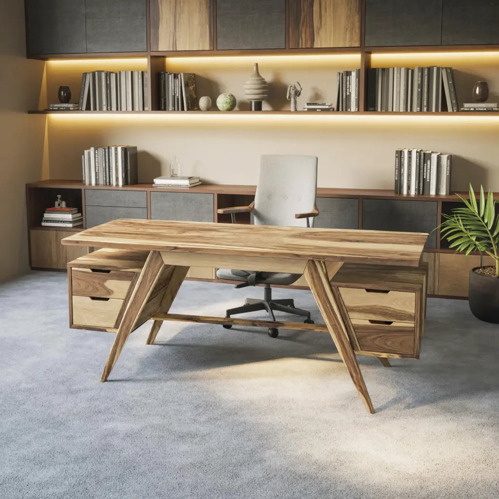 Modern Executive Wooden Desk With Angled Legs And Drawers For Home Office Kitchnce