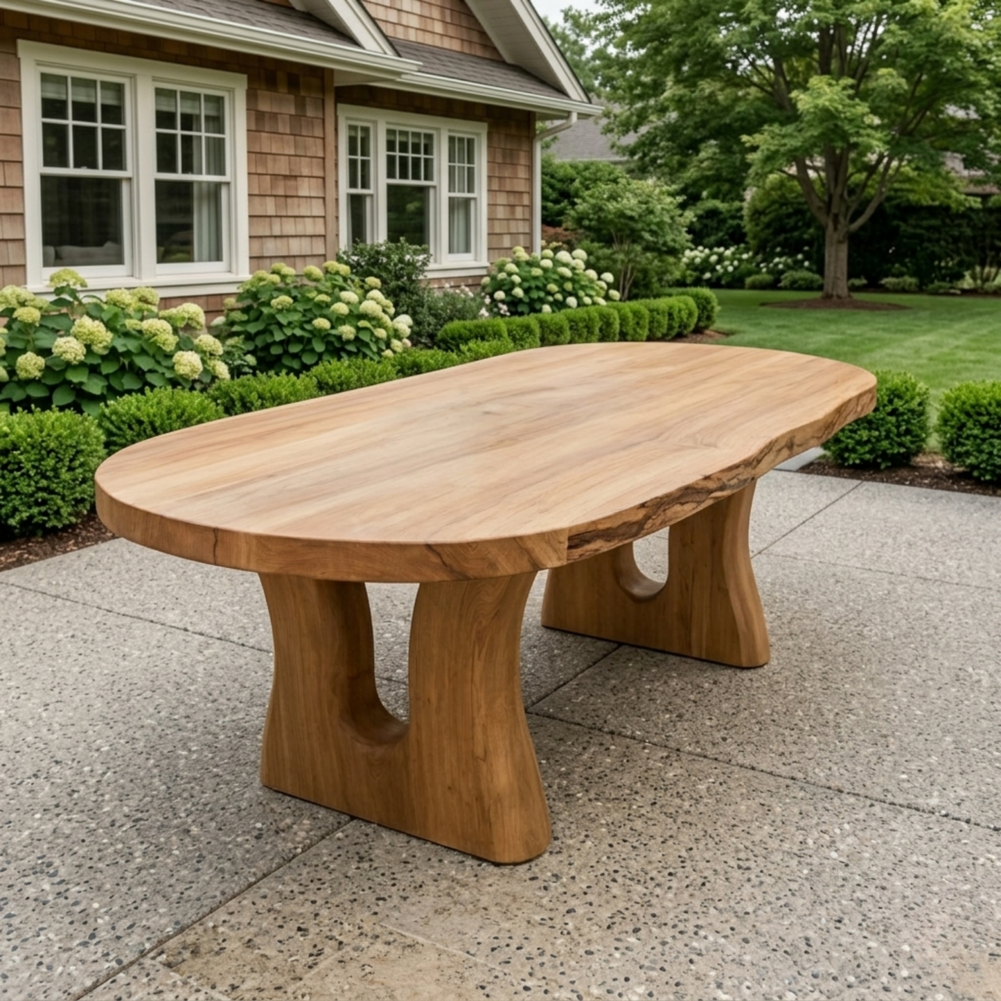 Live Edge Solid Wood Outdoor Dining Table with Sculpted Double Arch Base
