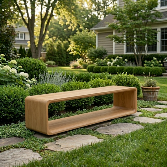 Solid Wood Outdoor Bench with Open Shelf Base and Rounded Waterfall Frame