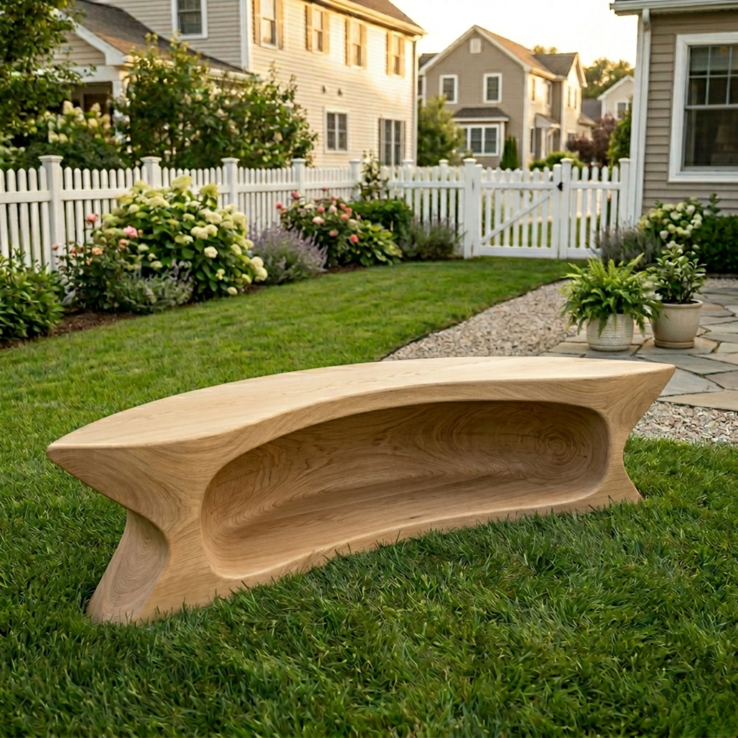 Solid Wood Outdoor Bench with Sculpted Hollow Base and Organic Curved Silhouette