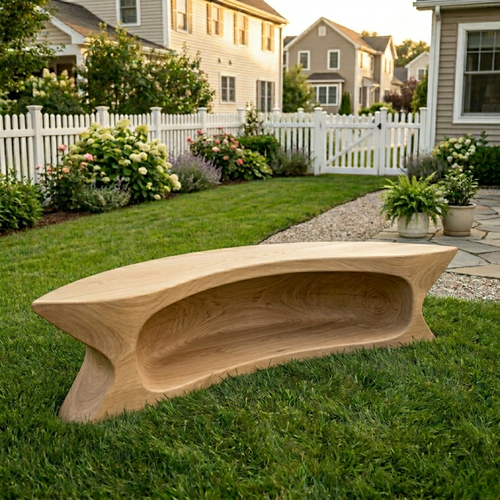 Solid Wood Outdoor Bench with Sculpted Hollow Base and Organic Curved Silhouette