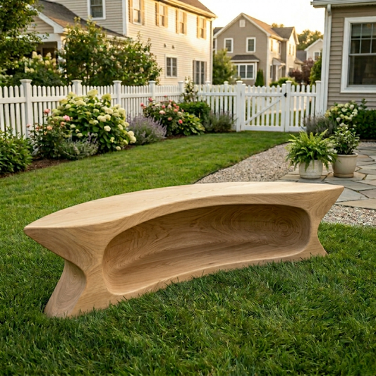 Solid Wood Outdoor Bench with Sculpted Hollow Base and Organic Curved Silhouette
