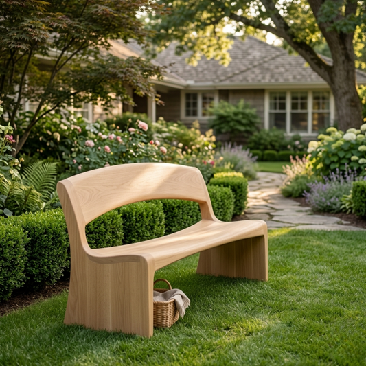 Solid Wood Outdoor Bench with Open Back Curve Modern Patio Garden Seating