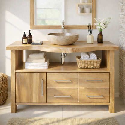 Live Edge Solid Wood Bathroom Vanity with Single Cabinet Door, Four Drawers and Open Shelf for Modern Farmhouse
