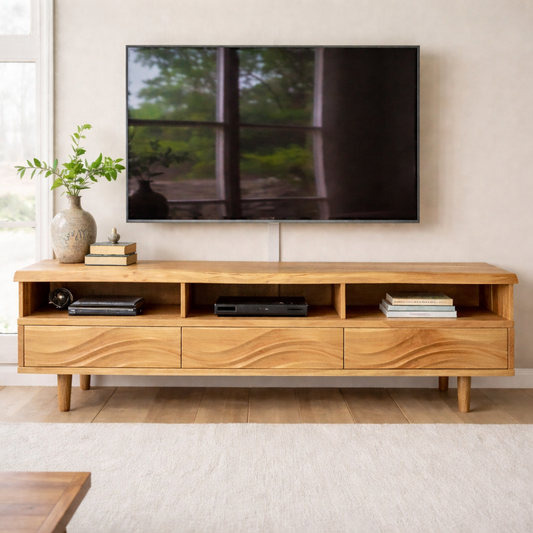 Modern Solid Wood TV Stand with Wave Drawer Fronts and Open Media Shelves Kitchnce