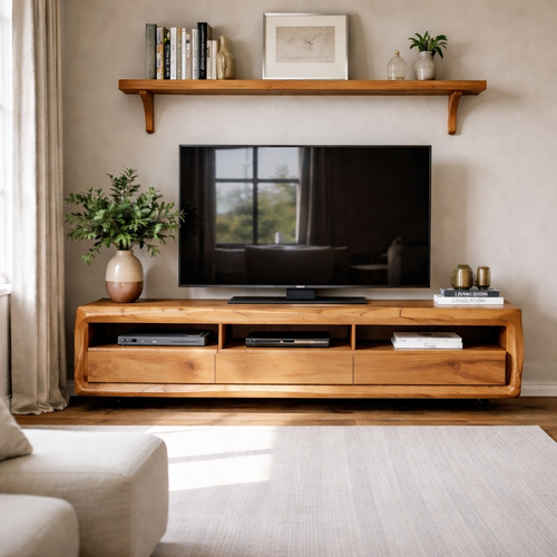 Solid Wood TV Stand with Drawers and Open Shelf – Rustic Modern Wooden Media Console Kitchnce