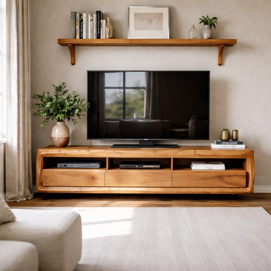 Solid Wood TV Stand with Drawers and Open Shelf – Rustic Modern Wooden Media Console Kitchnce