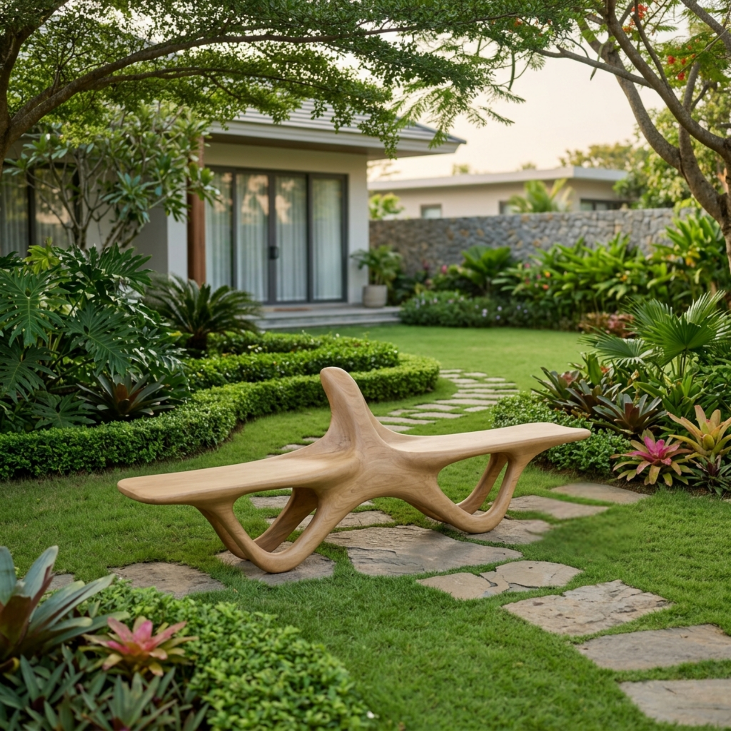 Solid Wood Outdoor Bench Sculptural Organic Form with Curved Flowing Base Design