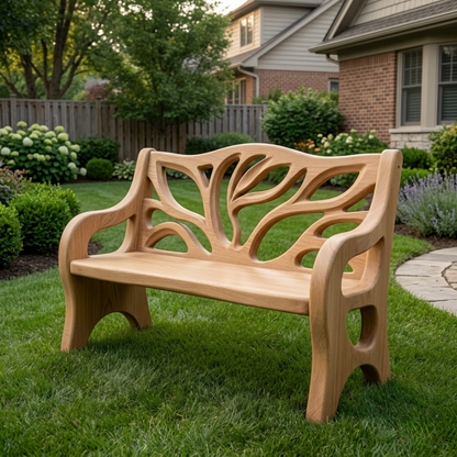 Solid Wood Outdoor Bench with Tree-Inspired Carved Backrest Garden Patio Seating