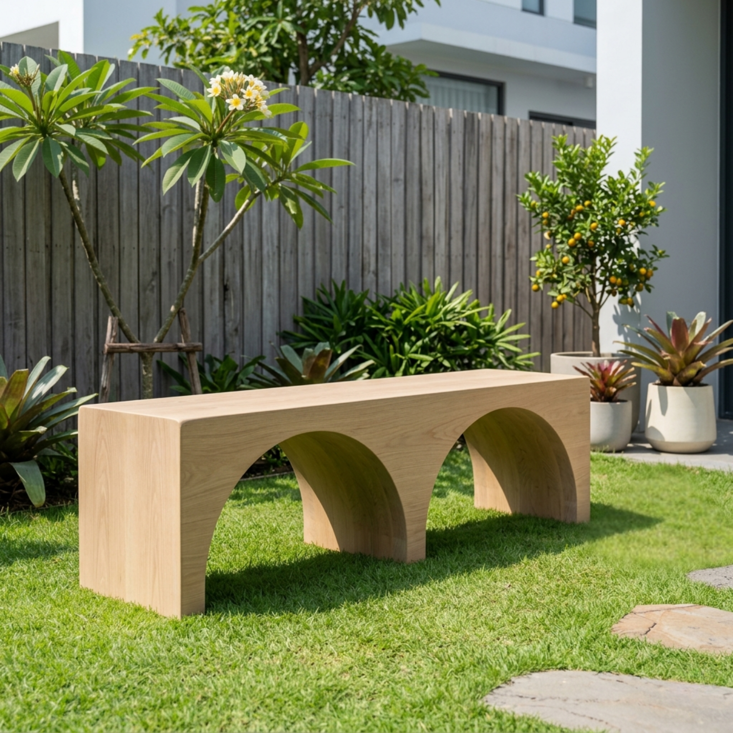 Solid Wood Outdoor Bench with Double Arch Base Minimalist Rectangular Design
