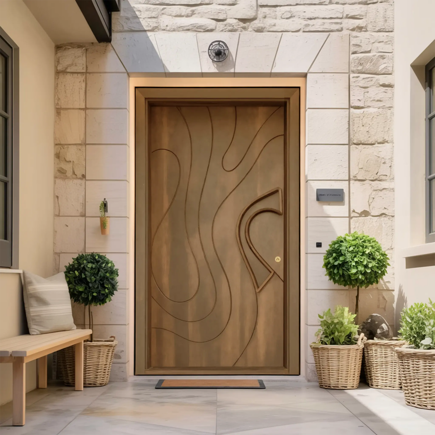 Modern Sculpted Door With Abstract Carving For Entryway And Contemporary Exterior Kitchnce