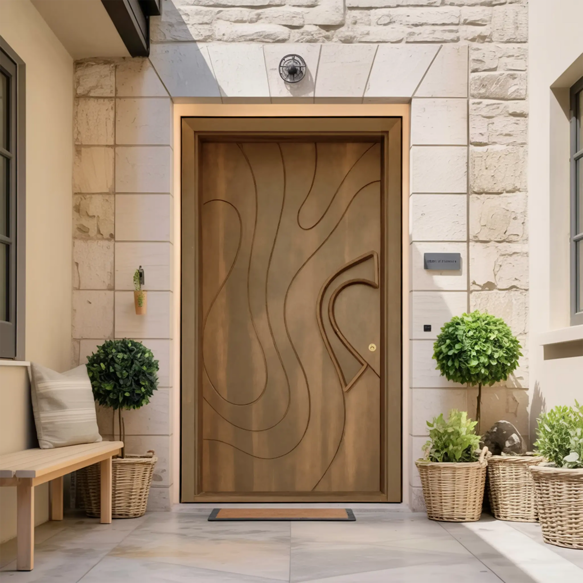 Modern Sculpted Door With Abstract Carving For Entryway And Contemporary Exterior Kitchnce