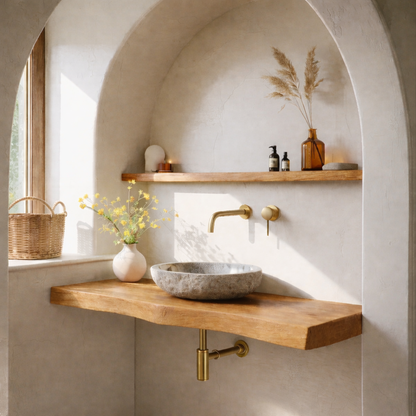 Solid Wood Floating Bathroom Vanity Shelf with Rustic Natural Finish Kitchnce